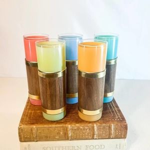 Vintage Siesta Ware Glasses wrapped in Walnut Color Wood and Brass (set of 5)